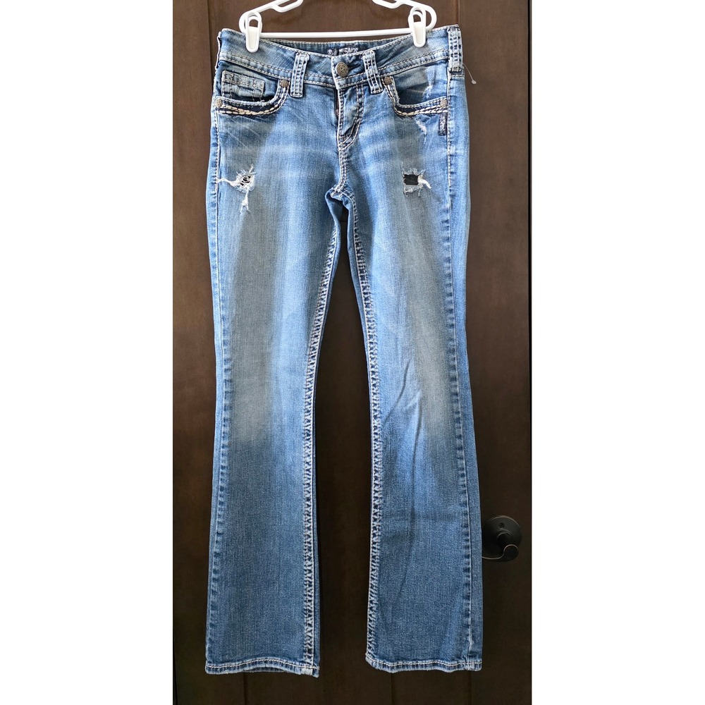 Silver Jeans Suki Mid Slim Boot Distressed Medium Wash Stretch Denim W28 L33